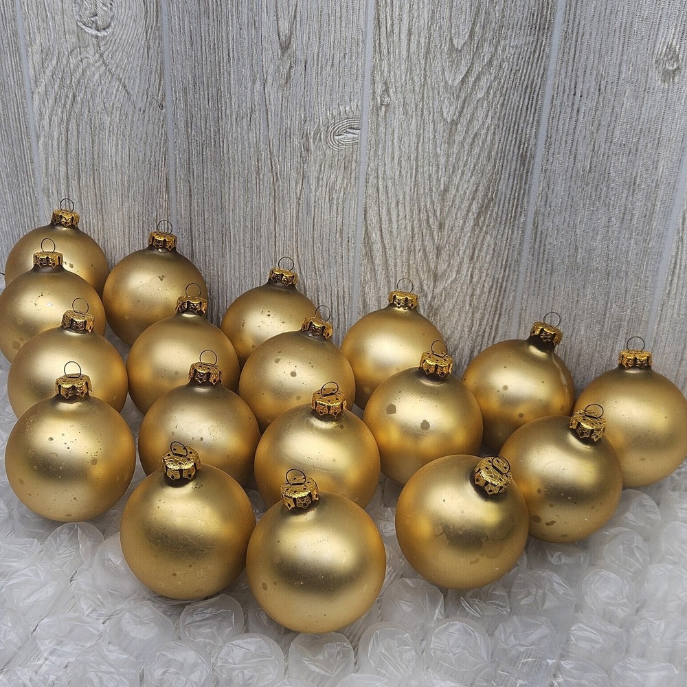 Vintage Matte Gold Glass Christmas Ornaments Set 18 Holiday Tree Round Balls - Picture 4 of 8